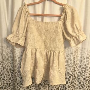 SHEIN Cream Smocked Puff Sleeve Blouse